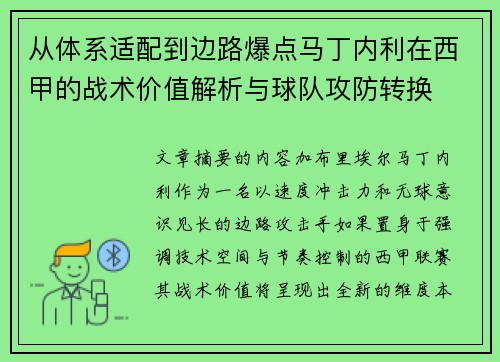 从体系适配到边路爆点马丁内利在西甲的战术价值解析与球队攻防转换